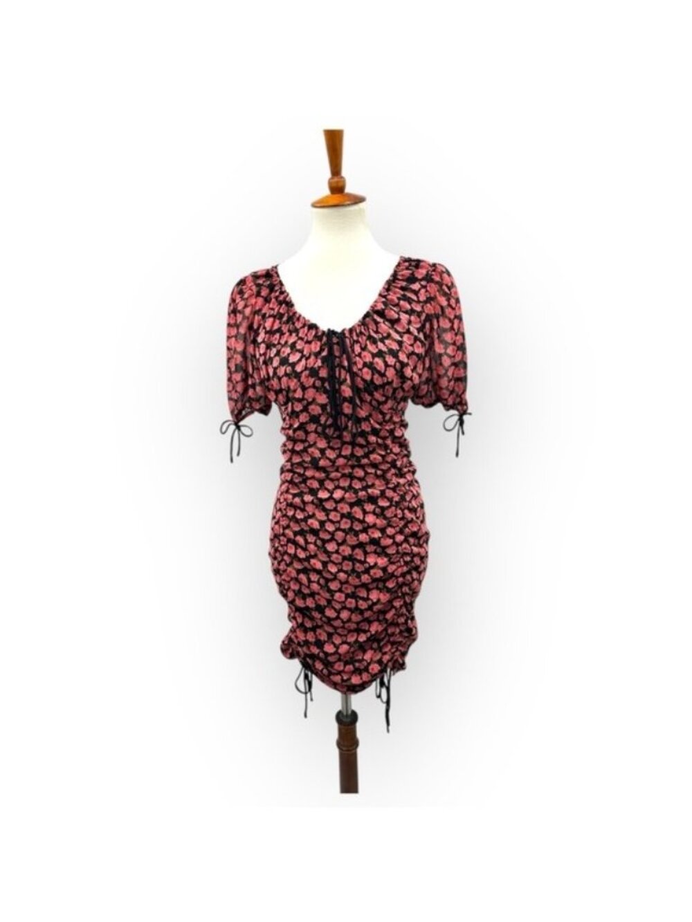 Dress Forum Black Red Short Sleeve Floral Print Drawstring Ruched Dress Small